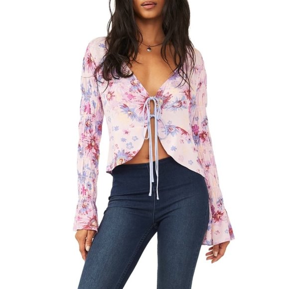 Free People Venice Floral Tie-Front Top Large | Rose Combo | NWT | Boho Blouse - Picture 6 of 13